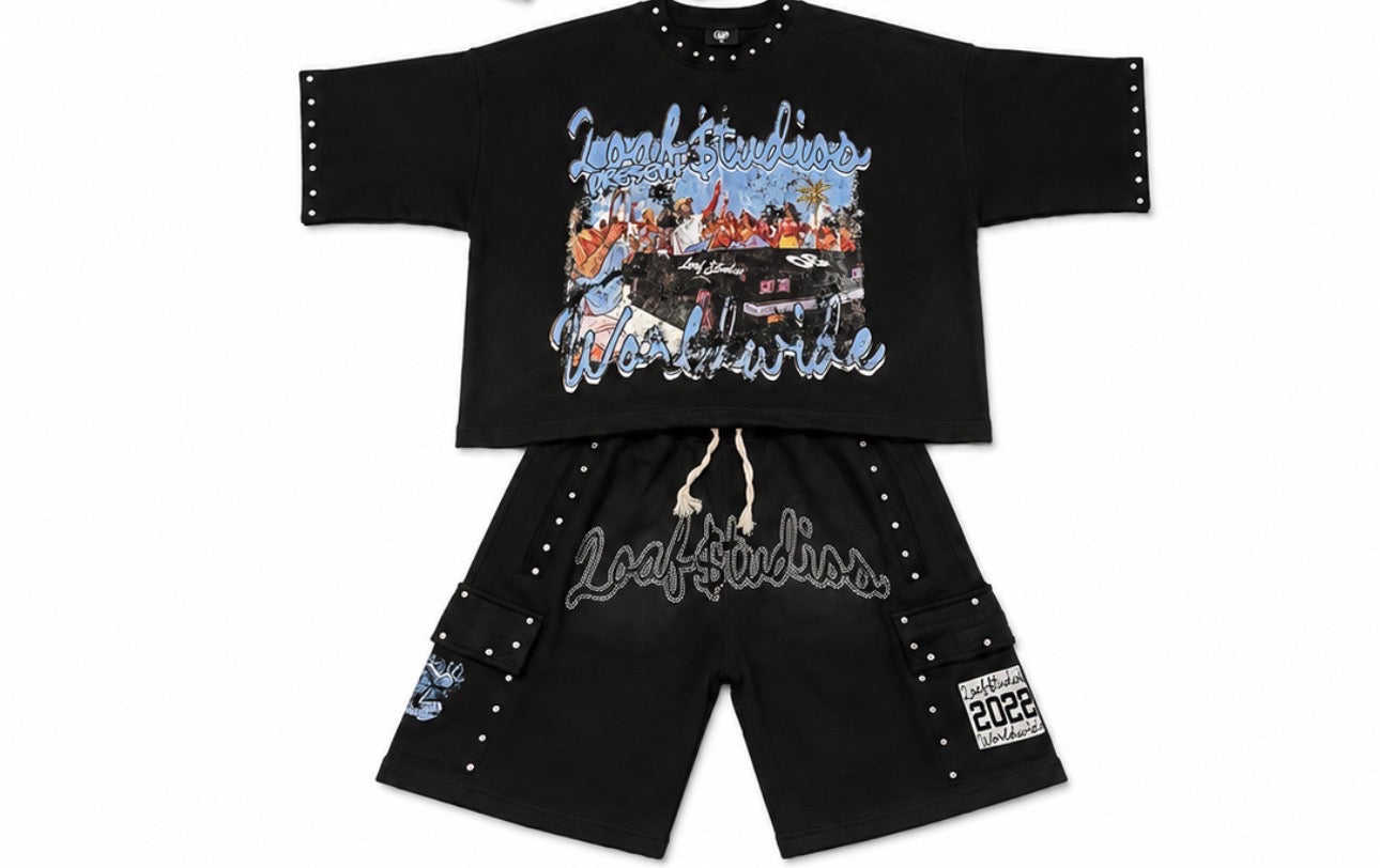 Black/Light Blue Shirt Short Set