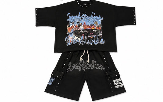 Black/Light Blue Shirt Short Set
